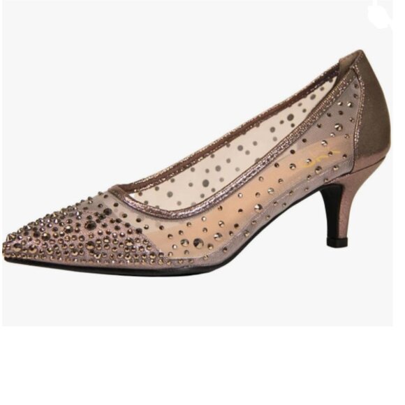 XYD Brown Pointed Toe Slip On Mesh Pumps Rhinestone Studs Comfy Kitten Heel Shoe - Picture 1 of 8